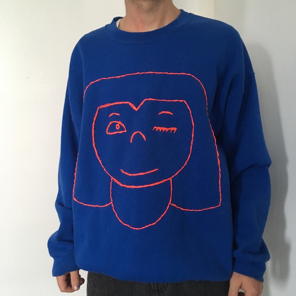 Oversized blue sweatshirt, embroidered neon red